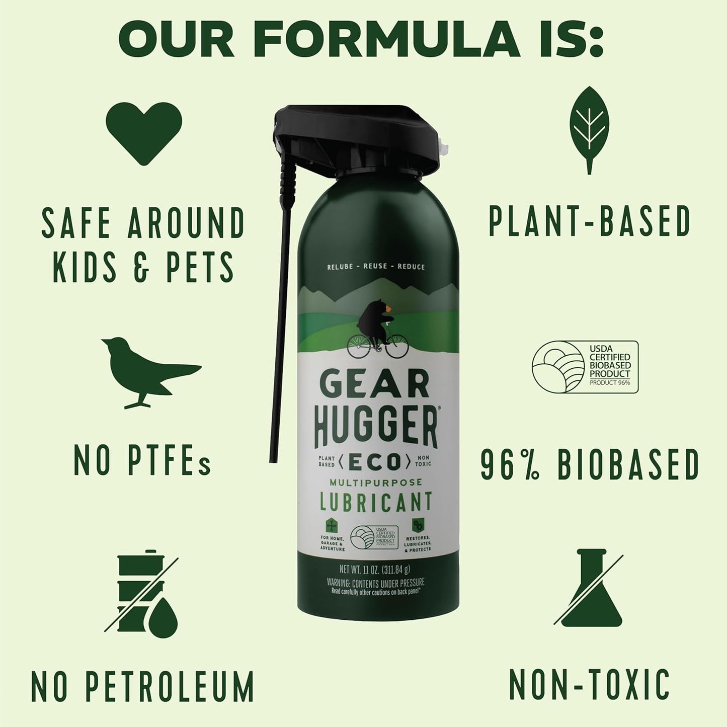 Gear Hugger Multipurpose Lubricant - Eco-Friendly (11 oz, Pack of 2), Rust Remover - Garage Door Lubricant Spray, Door Hinge Lubricant & Lock Lubricant - Plant-Based, No Petroleum, No PTFE