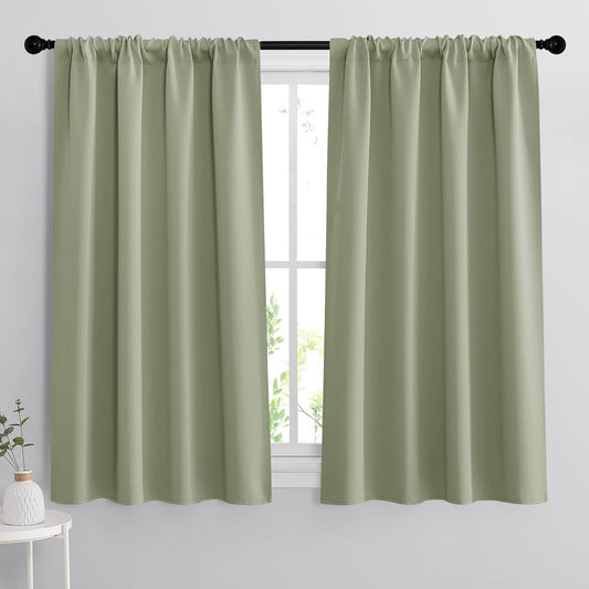 RYB HOME Room Darkening Kitchen Curtains 45 inch Length, Durable Privacy Window Drapes Thermal Insulated Panels Farmhouse Decor for Bedroom Studio Bathroom, W 42 x L 45 inches, Set of 2, Sage Green