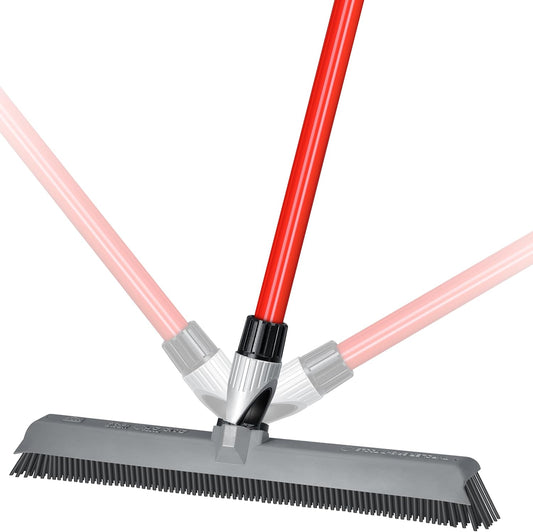 2-in-1 Silicone Rubber Broom Carpet Rake and Squeegee - Swivel Pet Hair Removal Broom with 1 Piece Long Handle - Slanted Side Bristles for Corners - Multipurpose Broom for Carpet, Hardwood Floor, Tile