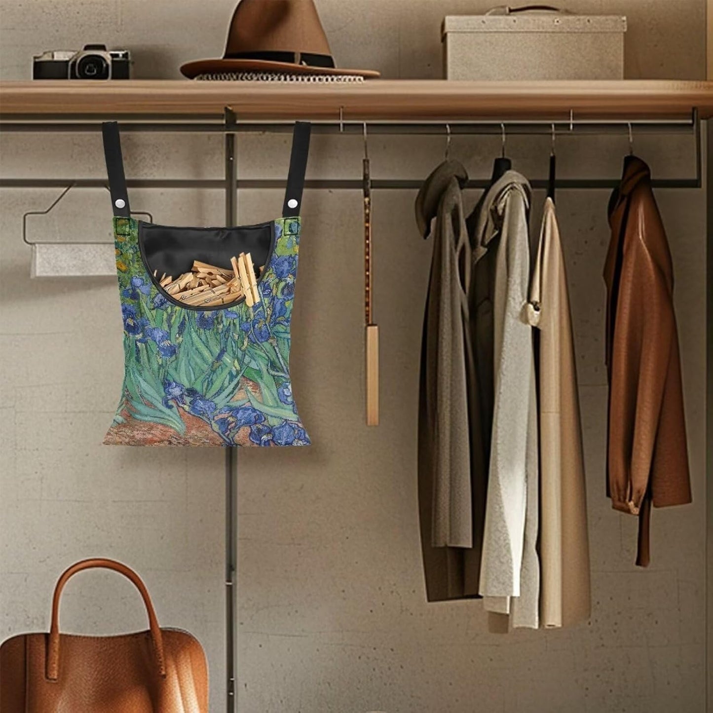 Famous Oil Painting Iris Print Home Clothespin Organizer Bag 14.5"x12" - Large Opening Design for Easy Access - Weather Resistant Hanging Storage Solution for Laundry Rooms Decor