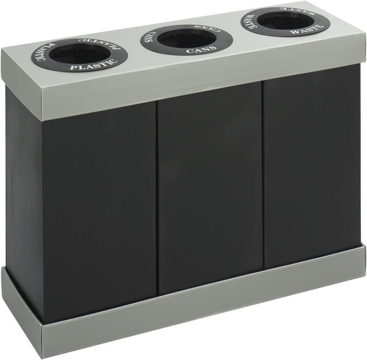 Safco Trash Can Recycle Bin Combo, 28 Gallon Each (3 Bin), At Your Disposal Recycling Center, Black/Grey