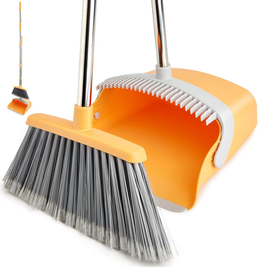 Broom and Dustpan Set, Dustpans with Broom Combo for Home, Heavy Dust Dustpan and Broom Combo, Long Handle Dust Pan and Broom Set for Kitchen, Office, Pet Hair(Gray Yellow)