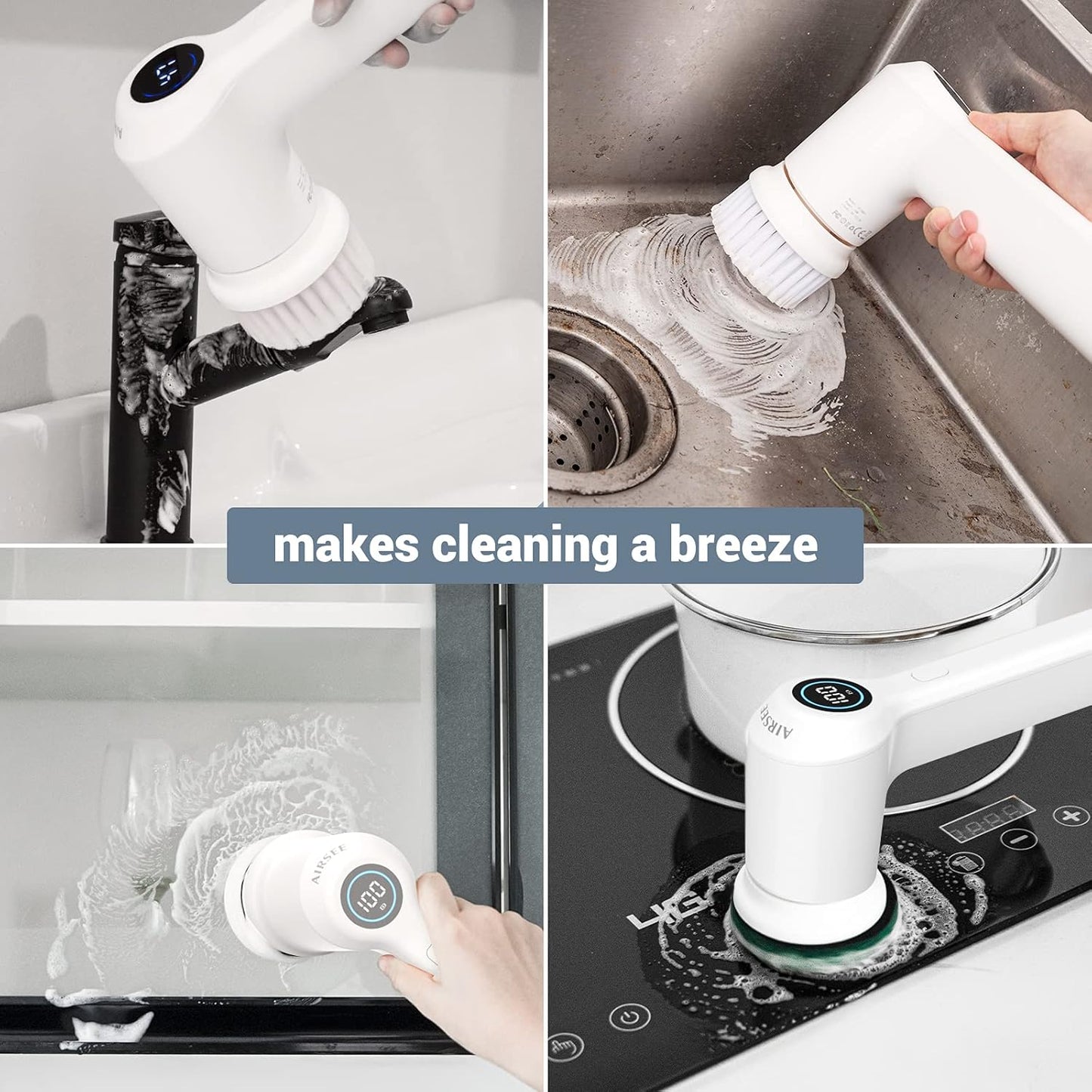 AIRSEE Electric Spin Scrubber, Cordless Power Rotating Brush, 2 Speeds, 6 Replaceable Brush Heads, Handheld Shower Bathroom Scrubber for Cleaning Floors, Windows, Bathtubs, Tiles, Sink, Car