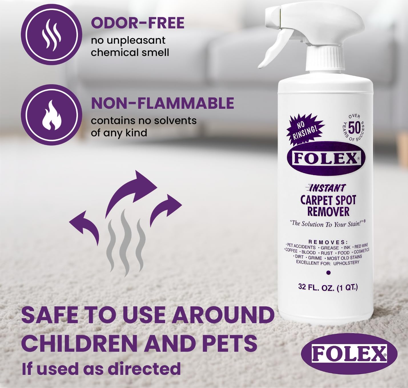 FOLEX Instant Carpet Spot Remover 32 oz – Powerful Stain Remover for Carpets, Upholstery & Rugs – Eliminates Pet Stains, Grease, Red Wine, Food, Makeup & More – With Reusable Cleaning Cloth – 1 Pack