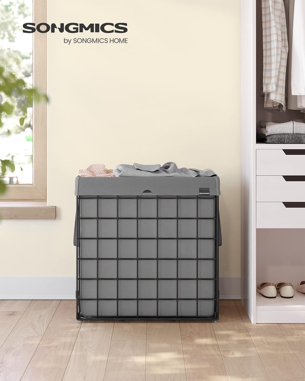 SONGMICS 29 Gal. (110L) Laundry Basket, Laundry Hamper, Collapsible Clothes Hamper, Removable and Washable Liner, Metal Wire Frame, for Bedroom Bathroom, Black and Gray ULCB111G01