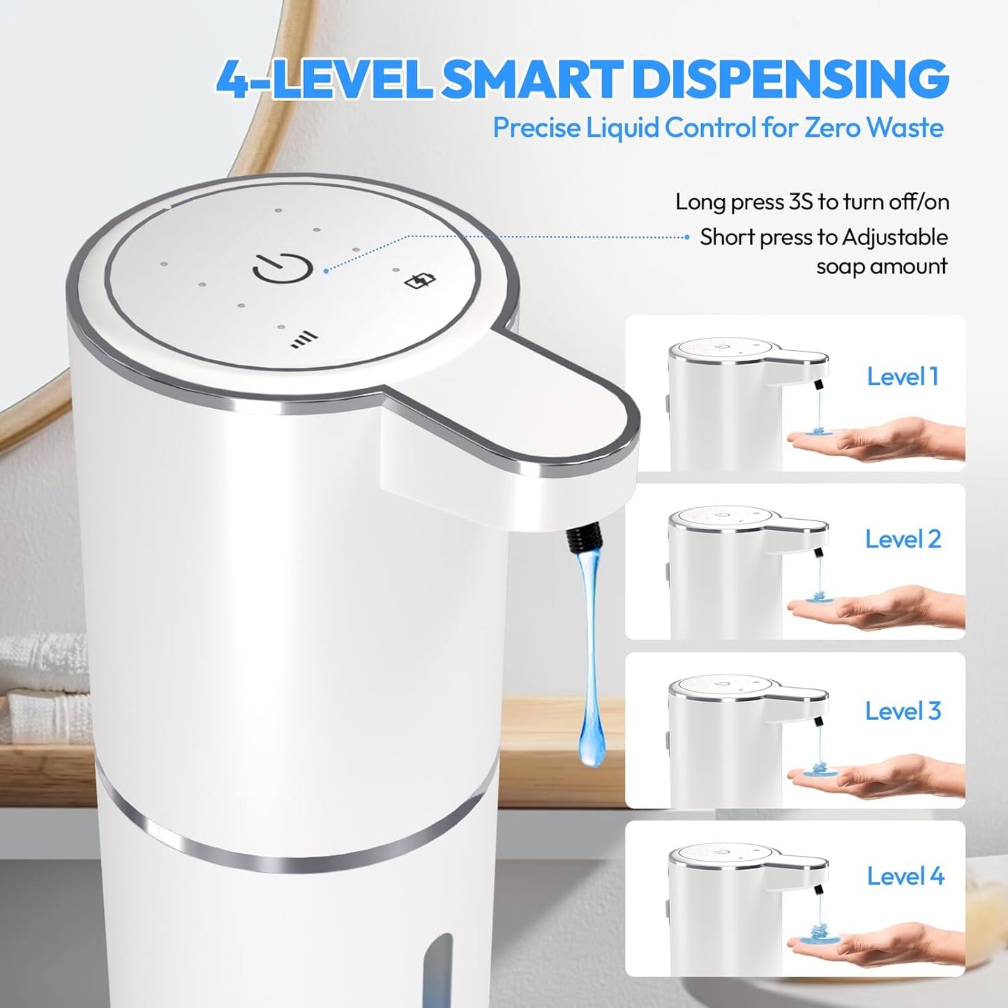 2 Pack Automatic Soap Dispenser Touchless,Liquid Hand Soap Dispenser 12.8oz USB 4levels Adjustable Dispenser Electric Wall Mounted Smart for Bathroom and Kitchen Dish Soap，Easy for Toddlers(White)