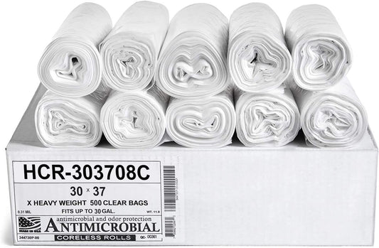 Aluf Plastics HCR-303708C High Density Star Sealed Coreless Roll Bags, 30 gal, Polyethylene, 30" x 37", Clear (1 Pallet of 100 Packs, 50000 Count Total)