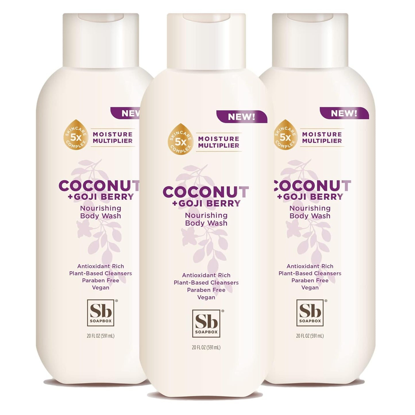 Soapbox Body Wash, Coconut + Goji Berry Body Wash for Women, Men, Vegan + Antioxidant Rich Moisturizing Soap with Shea Butter, Peptides & Keratin Promoting B3, 3 Pack, 20oz Each