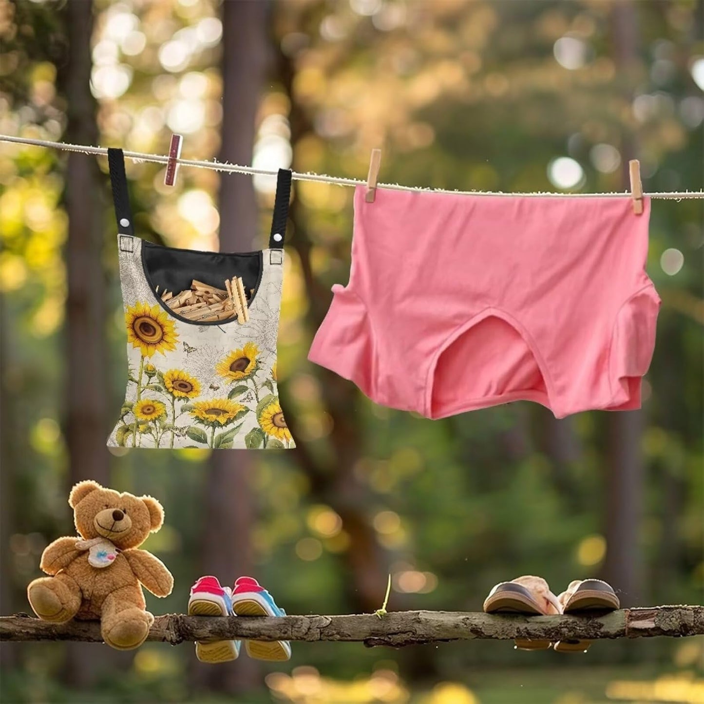 2 Pcs Sunflowers Print Clothespin Bag, Laundry Hanging Bag Fits Clothes Lines, Pin Bag with Hanging Rope for Home Outdoor for Hanging Clothes Outside Balcony Bathroom Corridor Yard