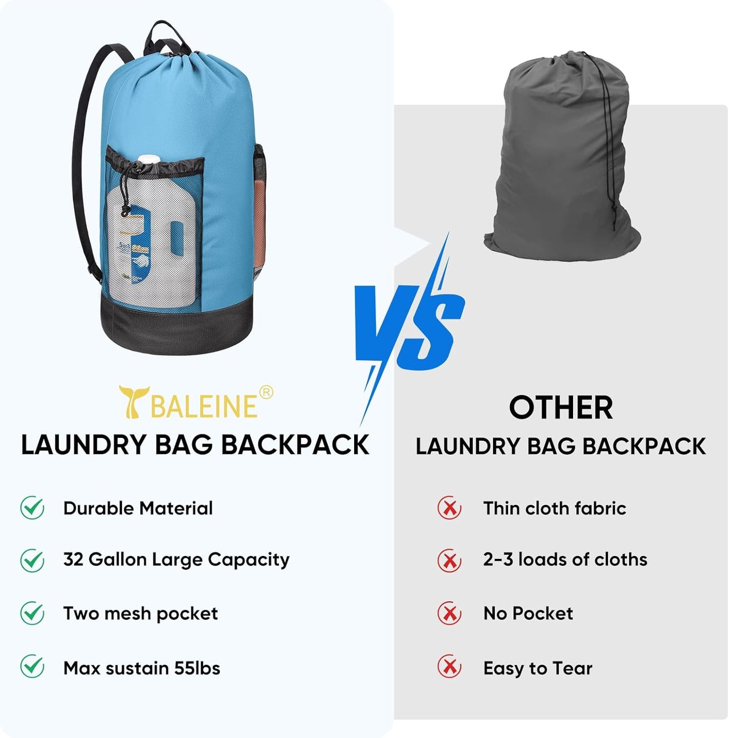 BALEINE 120L Laundry Bag Backpack, 900D Oxford Fabric Large Travel Laundry Bags with Shoulder Straps and 2 Mesh Pockets for College Dorm, Apartment, Laundromat (Blue, 120L)