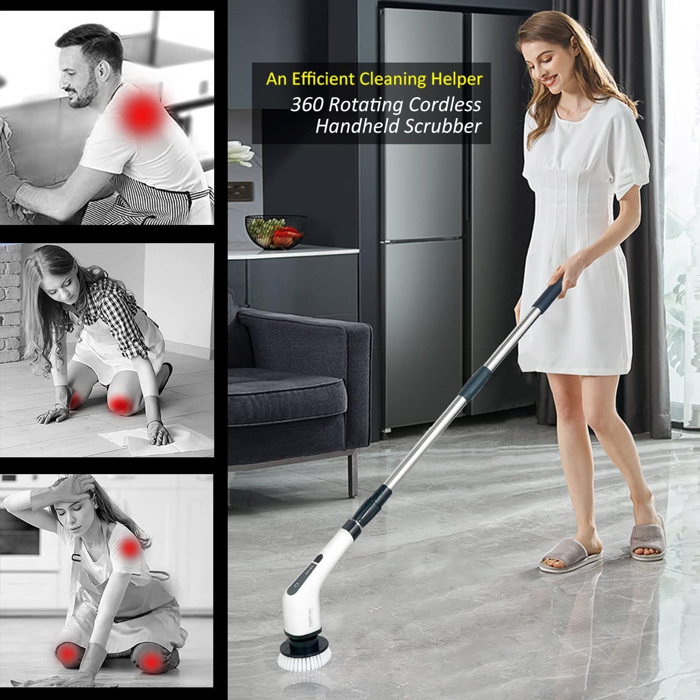 Electric Spin Scrubber, FARI Shower Cleaning Brush with 8 Replaceable Drill Brush Heads, Cordless Power Scrubber with Adjustable Handle Bathroom and Shower Cleaner