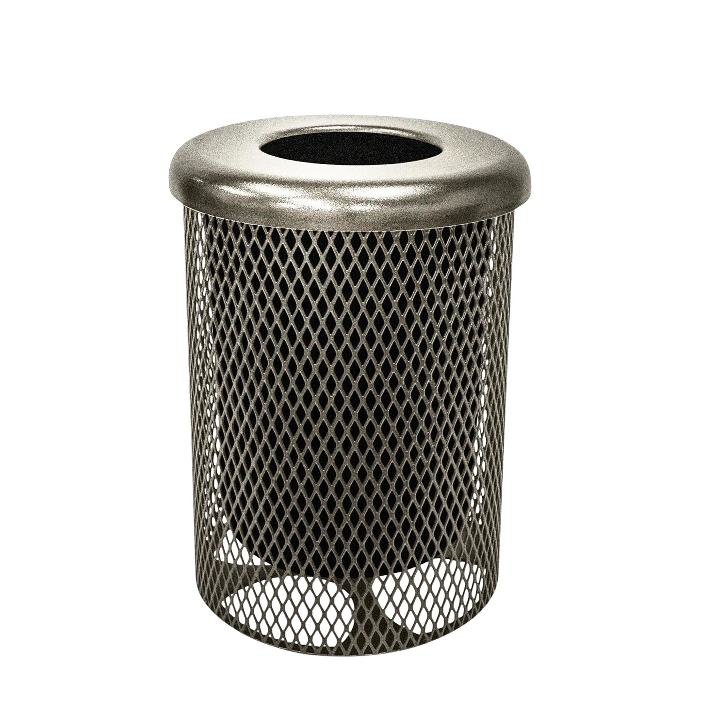 COATEDOUTDOORFURNITURE 32-Gallon Heavy-Duty Expanded Metal Round Trash Receptacle, Commercial Outdoor Waste Bin with Liner & Black Flat Top Lid – Made in America (Textured Gold Vein)