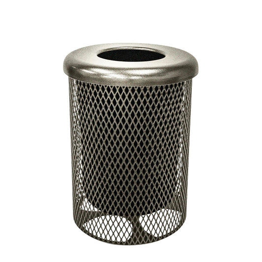 COATEDOUTDOORFURNITURE 32-Gallon Heavy-Duty Expanded Metal Round Trash Receptacle, Commercial Outdoor Waste Bin with Liner & Black Flat Top Lid – Made in America (Textured Gold Vein)