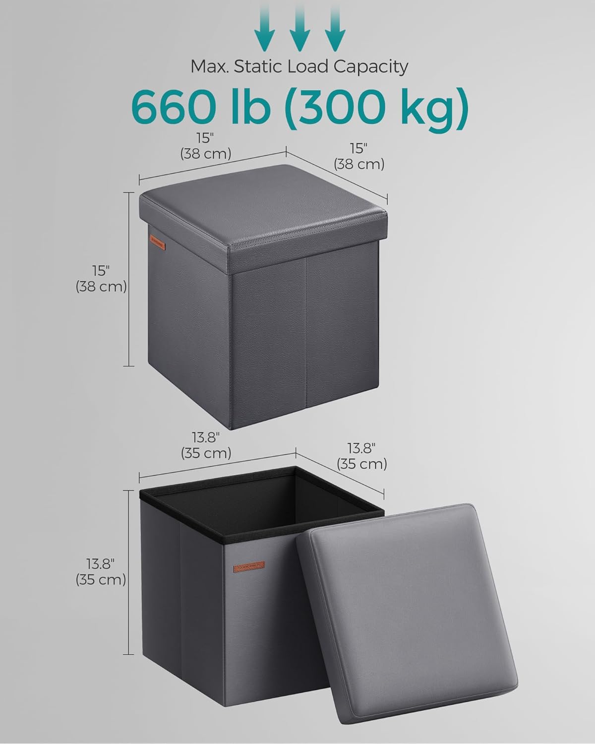 SONGMICS Mazie Collection - 15 Inches Ottoman with Storage, Footstool, Storage Ottoman, Load 660 lb, for Dorm, Living Room, Bedroom, Synthetic Leather, Dark Gray ULSF010G01