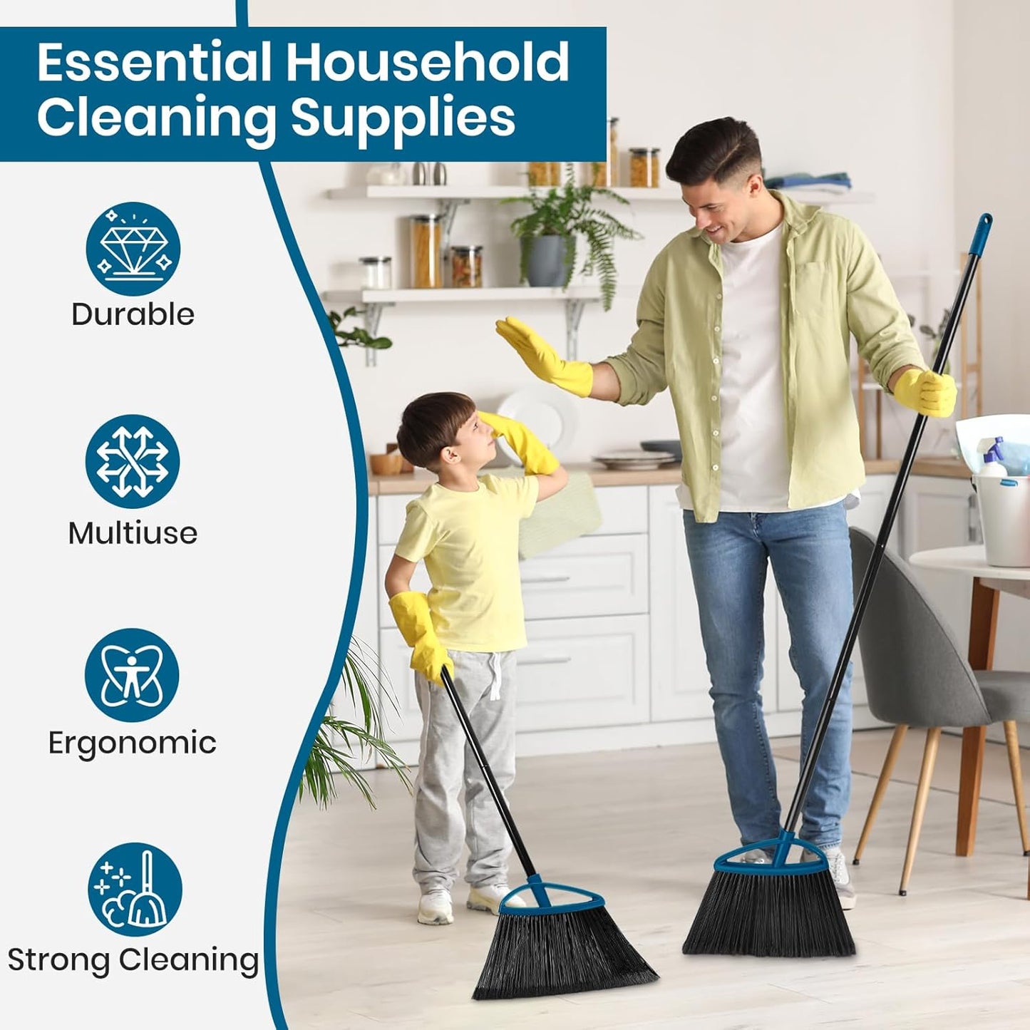 MAVRIZ 3 Pack Heavy Duty Broom Outdoor with 60" Long Handle Stiff Bristle Kitchen Broom for Sweeping Indoor Angle Broom for Floors, Shop Restaurant Garage Patio