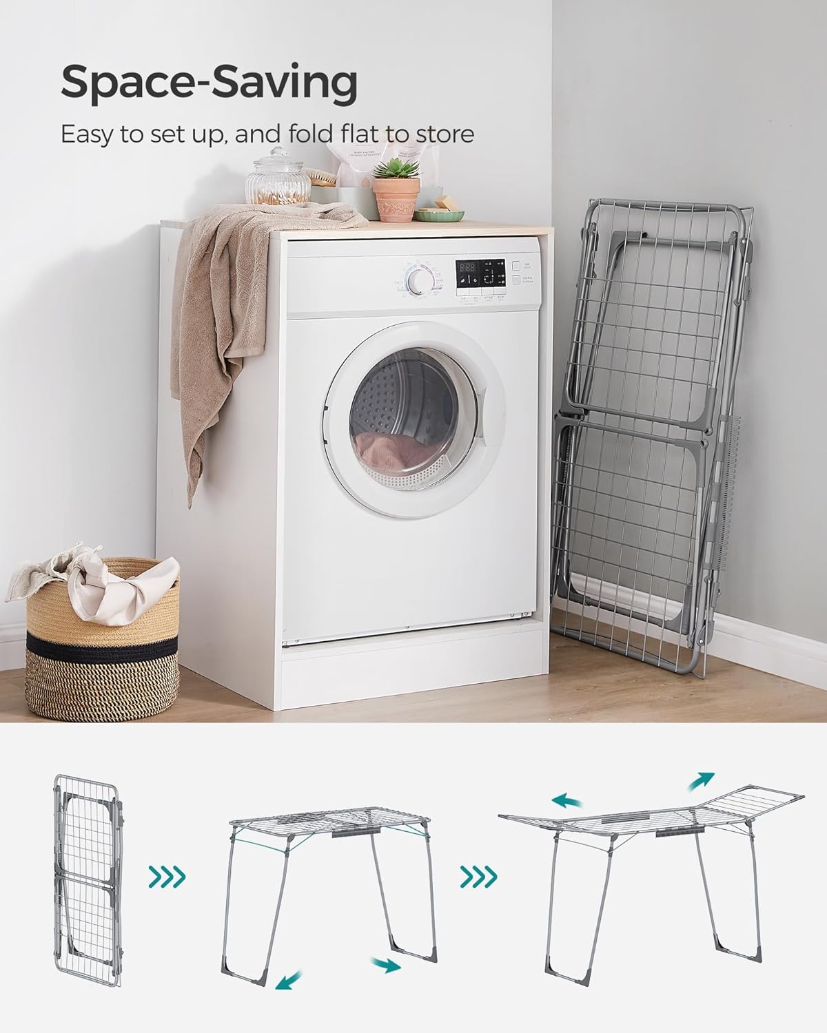 SONGMICS Clothes Drying Rack Foldable, Gullwing Laundry Drying Rack, Space-Saving, 22.2 x 68.1 x 38 Inches, Sock Clips, Metal Structure, for Clothes, Towels, Linens, Indoor, Outdoor Gray ULLR518G01