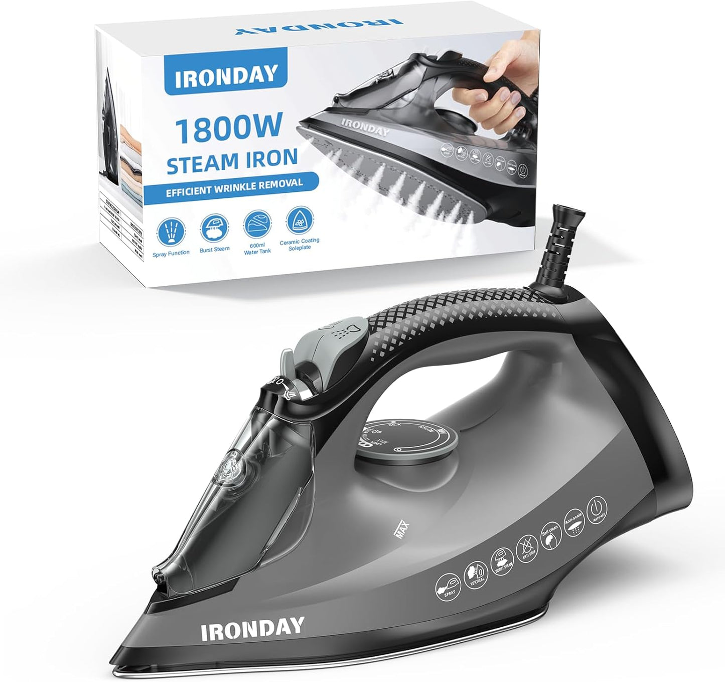 Steam Iron for Clothes, 1800W with 20.28oz Water Tank,Ceramic Soleplate,3-Way Auto-Off, 20s Fast Heat-up,Burst of Steam, Precision Tip,Self-Clean, Anti-Calc, Vertical Steamer for All Fabrics