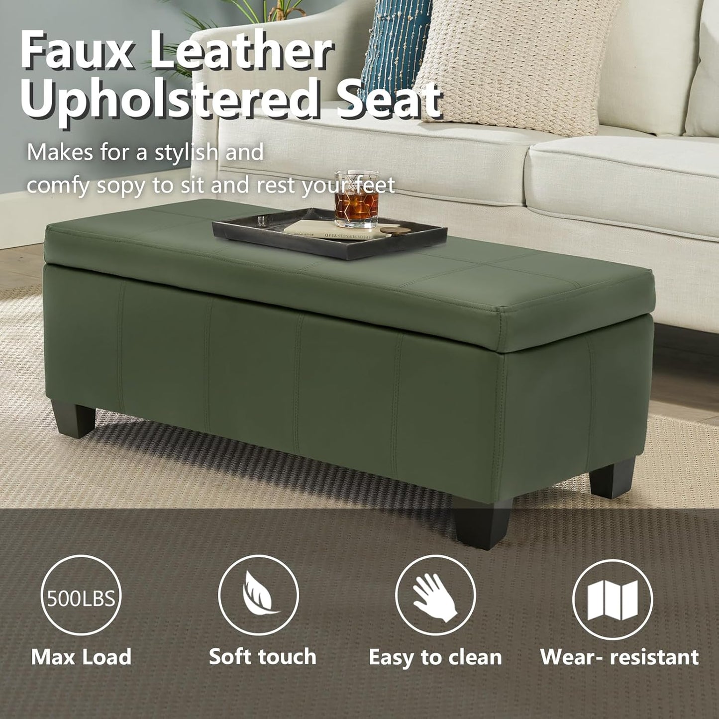 Teal Faux Leather Ottoman with Storage, Rectangular Extra Long Storage Bench for Bedroom and Living Room