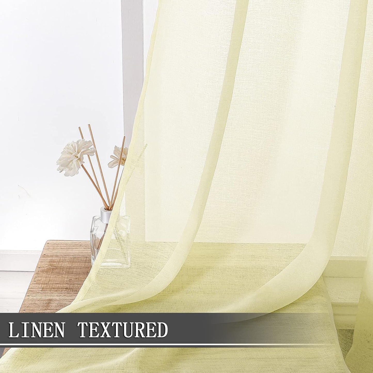 Tollpiz Sheer Tier Curtain Linen Textured Half Kitchen Curtains Sheer Light Filtering Rod Pocket Voile Small Curtains for Bathroom, 25 x 36 inches Long, Transparent Yellow, Set of 2 Panels