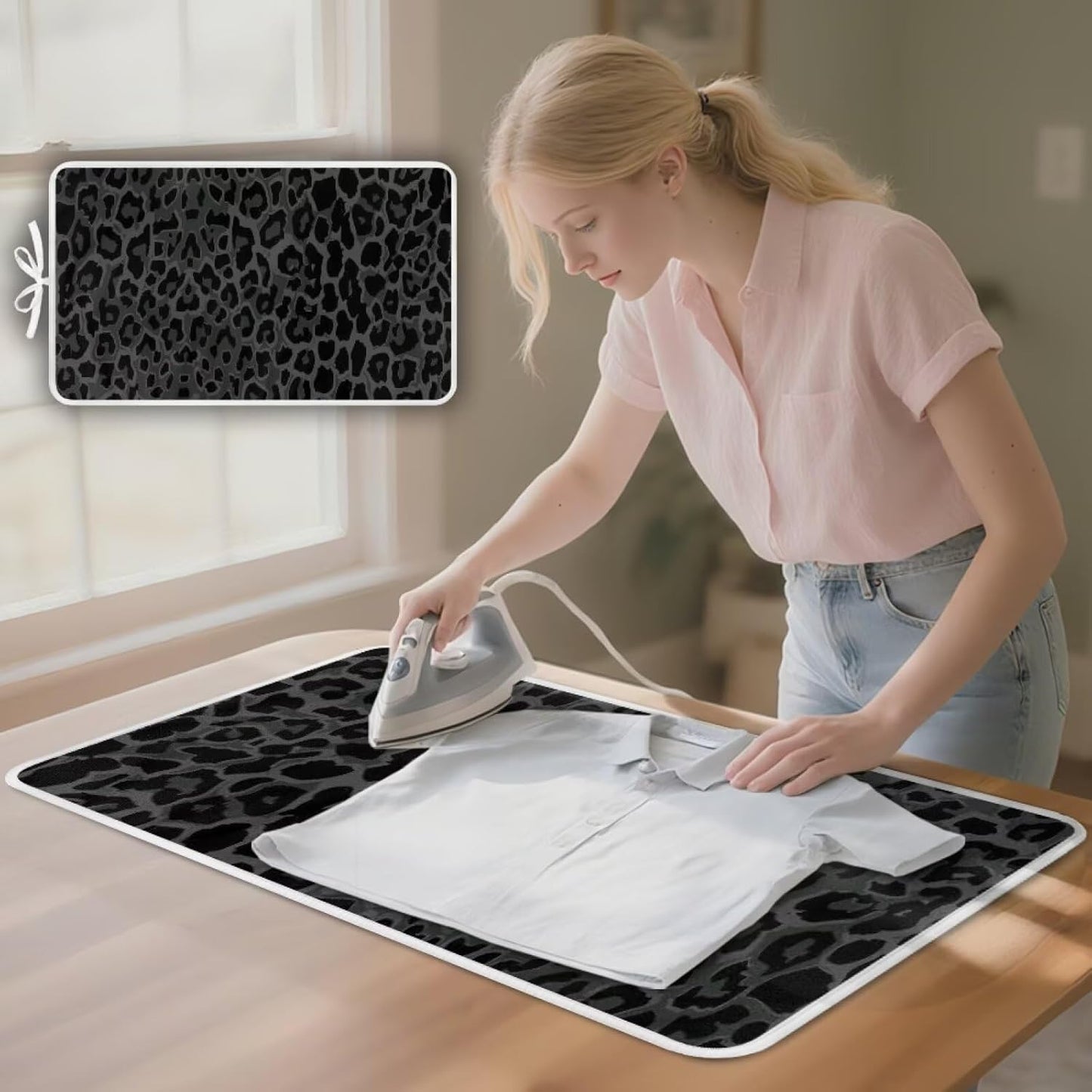Black Ironing Mat Portable Leopard Print Ironing Pad for Steam Pressing on Tabletop or Bed,Heat Resistant Portable Quilting & Travel Blanket Ironing Board Alternative Cover