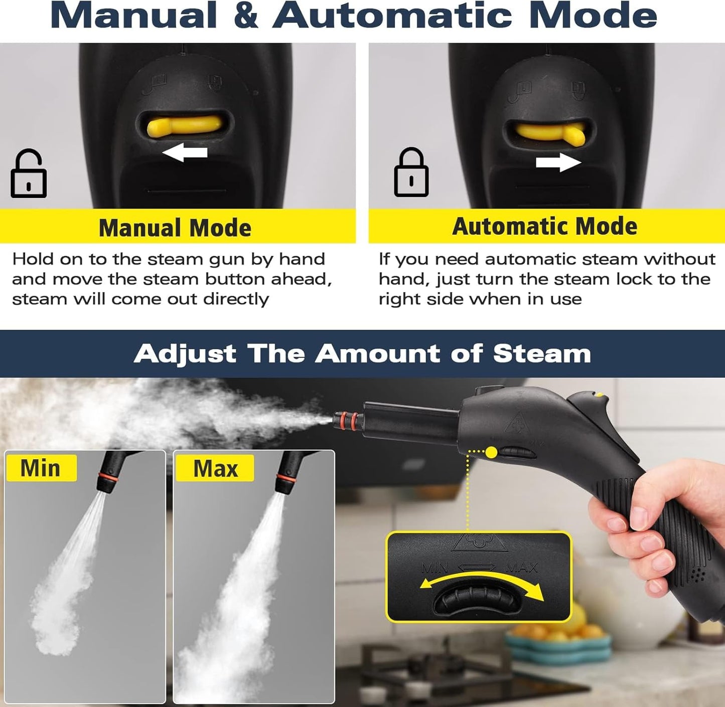 Steam Cleaner with 21 Accessories, 248°F High-Temp Steam & 1.1L Large Tank for Deep Cleaning Floors, Tiles, Carpet, Cars - Free Cleaning (Yellow) Chemical-Free Home & Auto Use