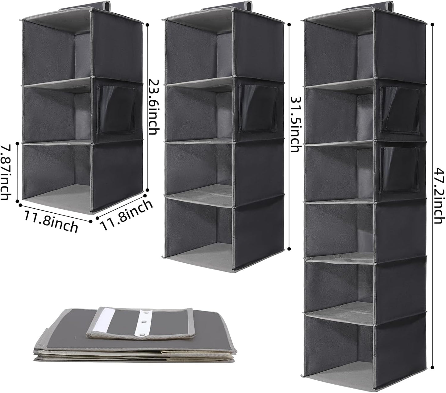 2 Packs Hanging Closet Organizer Stroage, 3-Shelf Hanging Shelves with Bamboo Inserts & Side Pocket, Grey