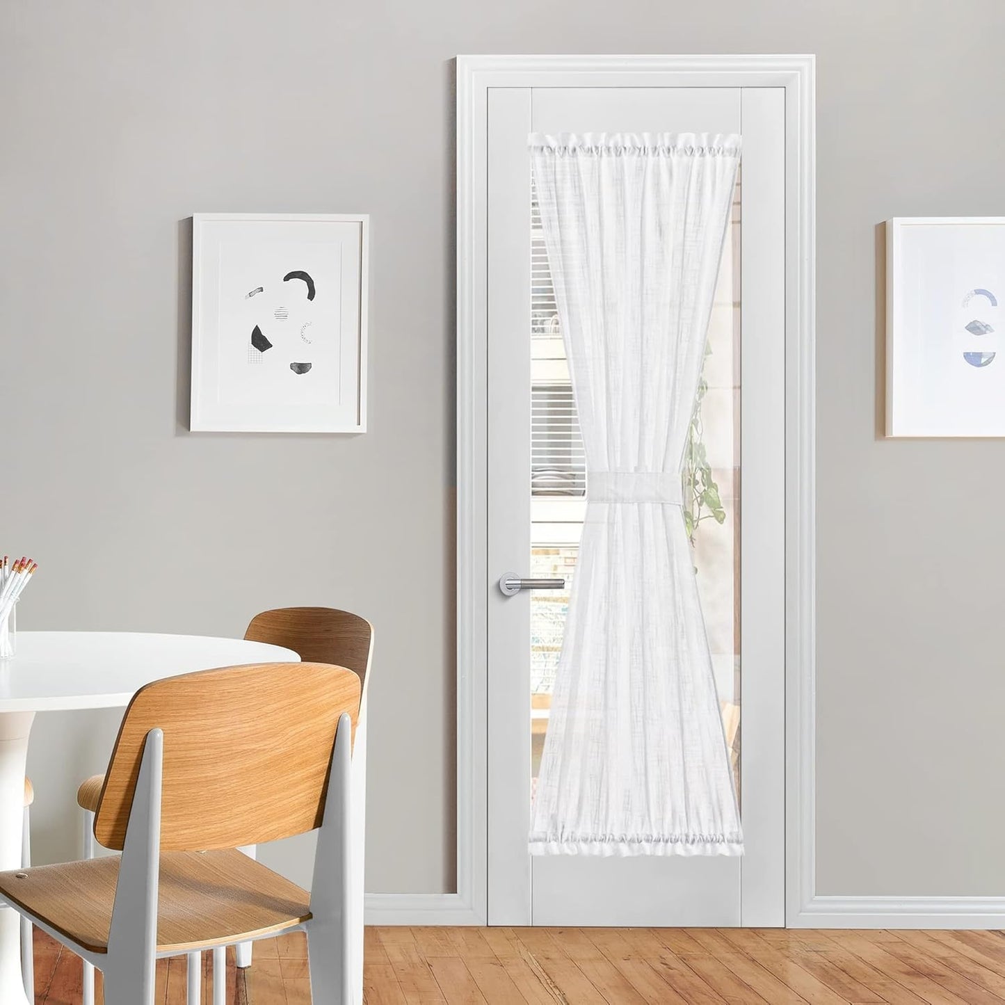 NICETOWN Sheer French Door Curtain, White Linen Door Window Curtain Rod Pocket Light Filtering Drapes for Living Room Tieback Included(26" Width x 72" Lngth, 1 Panel)