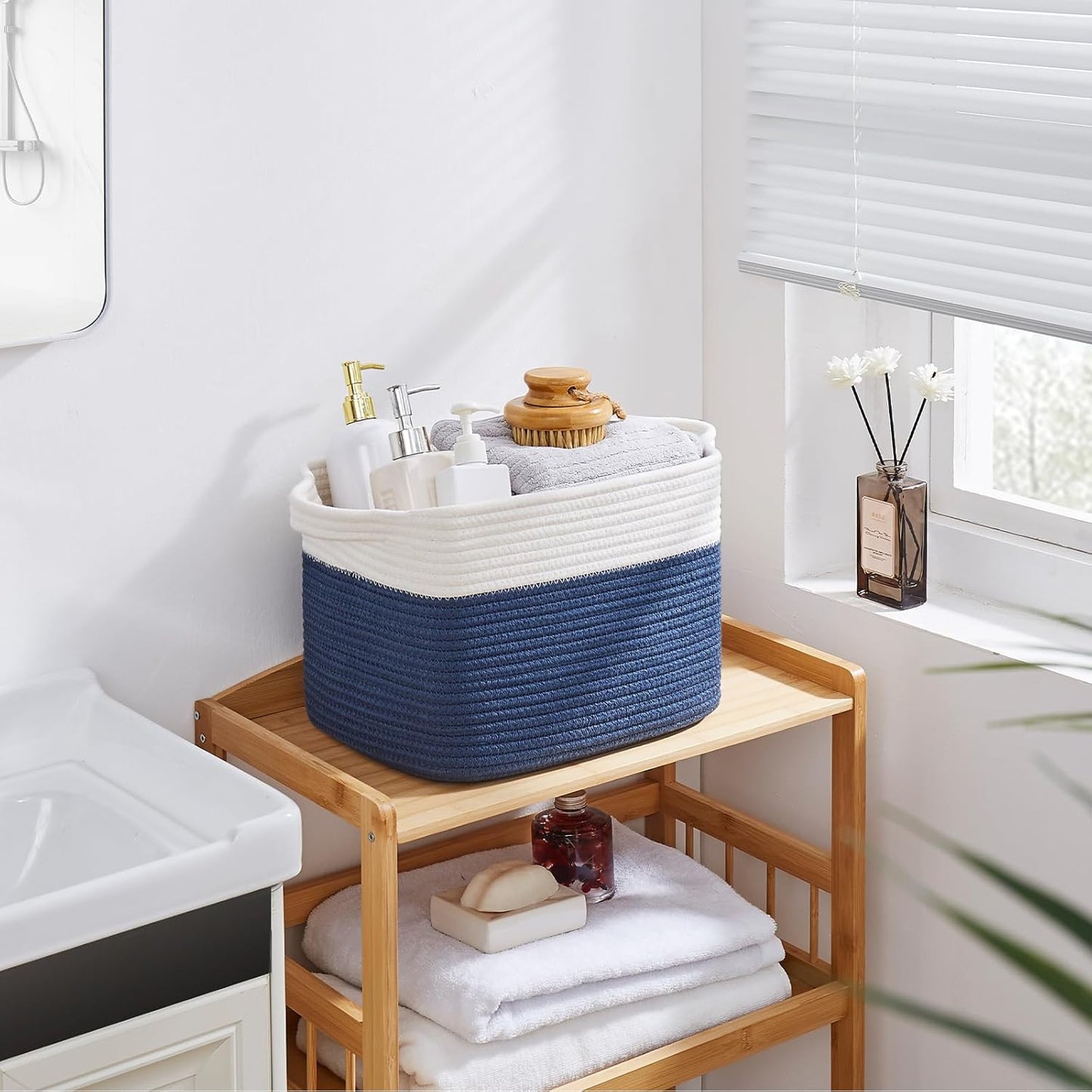OIAHOMY Storage Baskets - Woven Cotton Rope Baskets for Shelves, Toy Towel Organizer Bins, Pack of 3, Blue & White