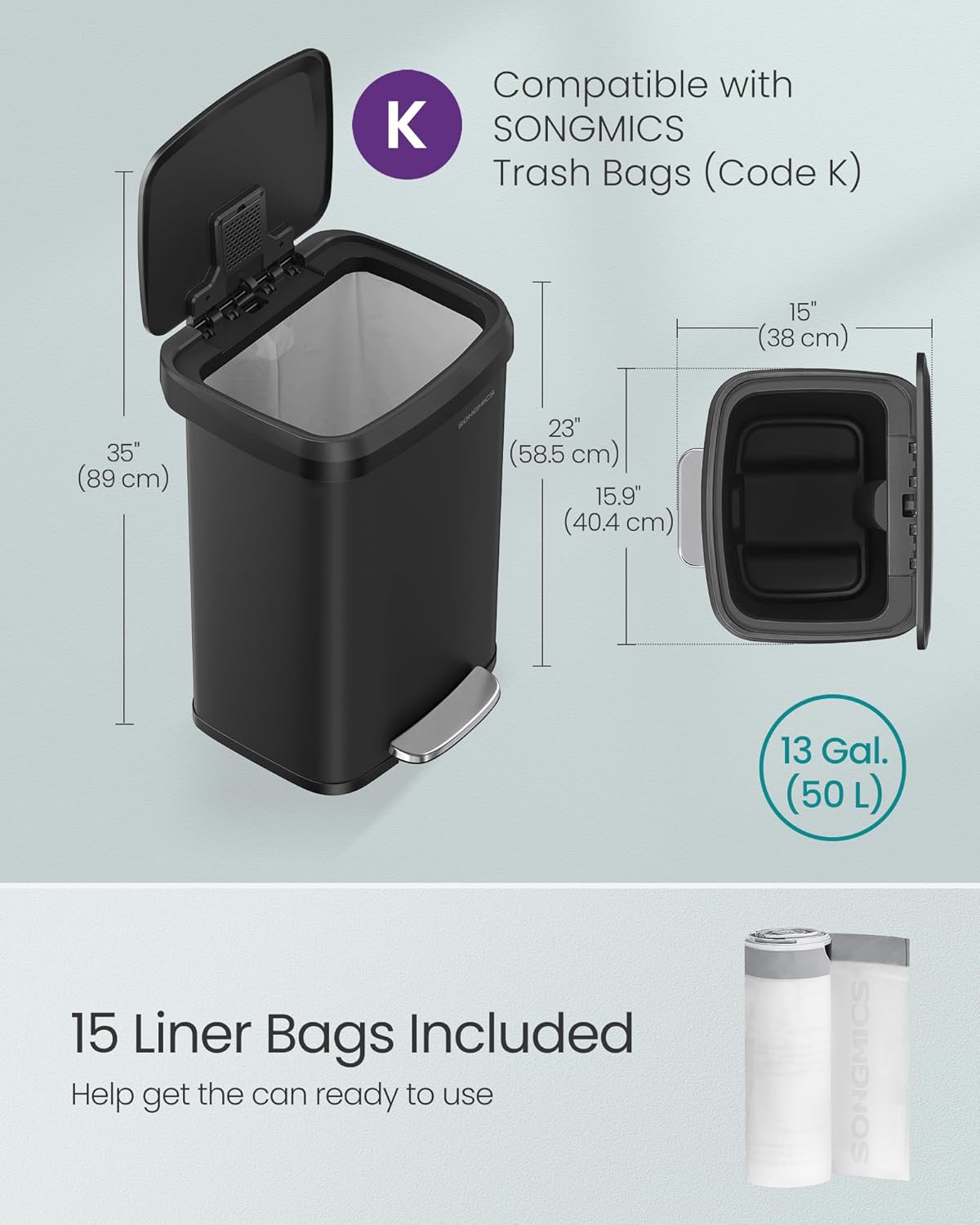 SONGMICS Kitchen Trash Can, 13 Gallon (50 L) Stainless Steel Garbage Can, with Stay-Open Lid and Step-on Pedal, Soft Closure, Tall, Large and Space-Saving, Black ULTB530B50