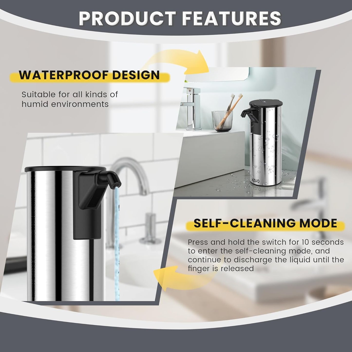 Automatic Soap Dispenser Touchless 11.8oz 4-Level Adjustment Auto Hand Soap Dispenser Stainless Steel Rechargeable for Bathroom Kitchen Hotel(Silver+Silver)
