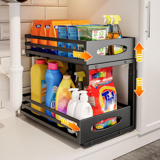 Under Sink Organizer, 2 Tier Under Sink Organizers and Storage, Adjustable Height, Slide out Metal Cabinet Organizers, Pull out Cabinet Storage Drawer Shelf for Kitchen Bathroom Black, 1 Pack
