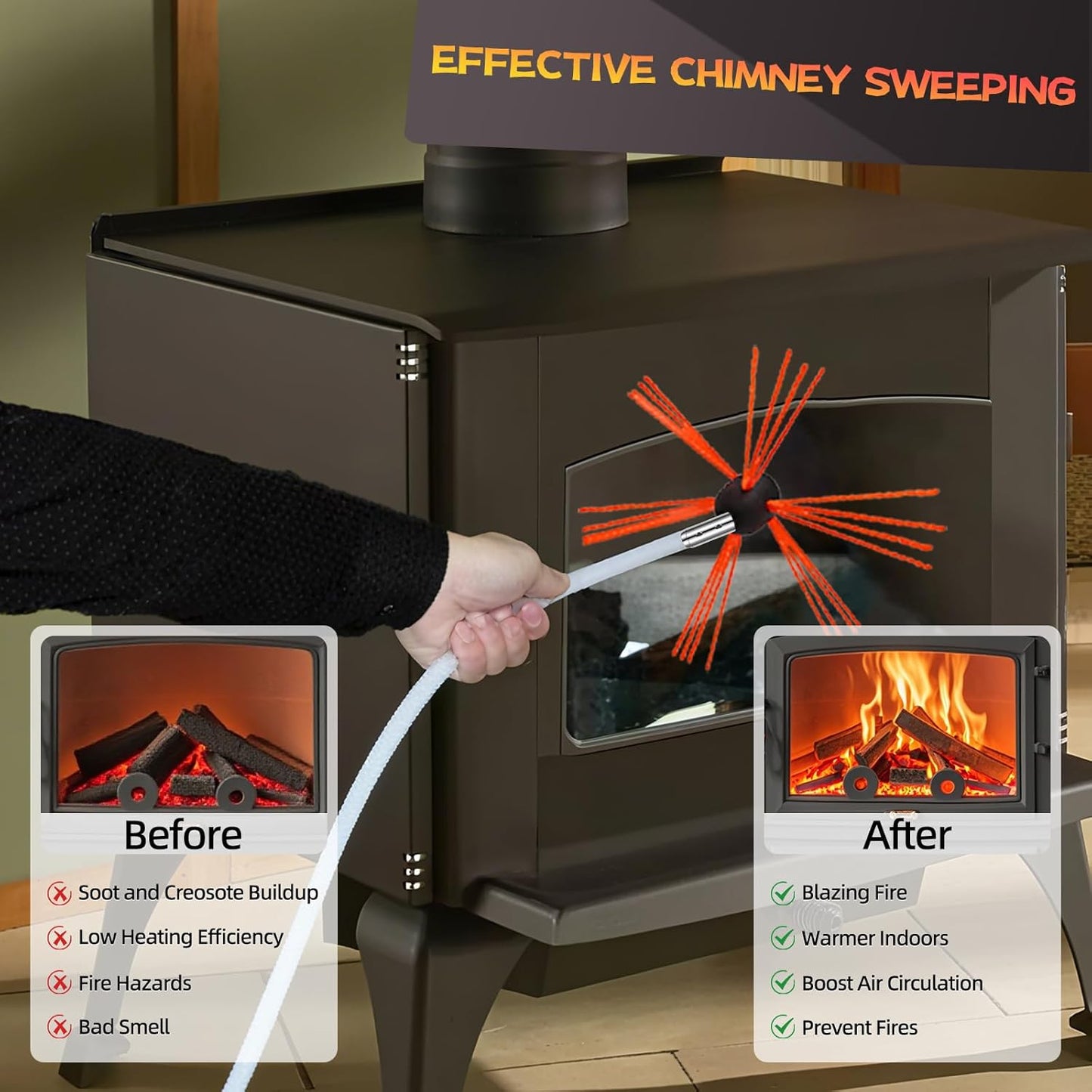 16 Feet Chimney Sweep Kit, Chimney Cleaning Kit with 5 Flexible Chimney Rods, Rotary Chimney Cleaning System Driven by Drill for Sweeping Fireplace, Chimney Cleaners with Strong Brush