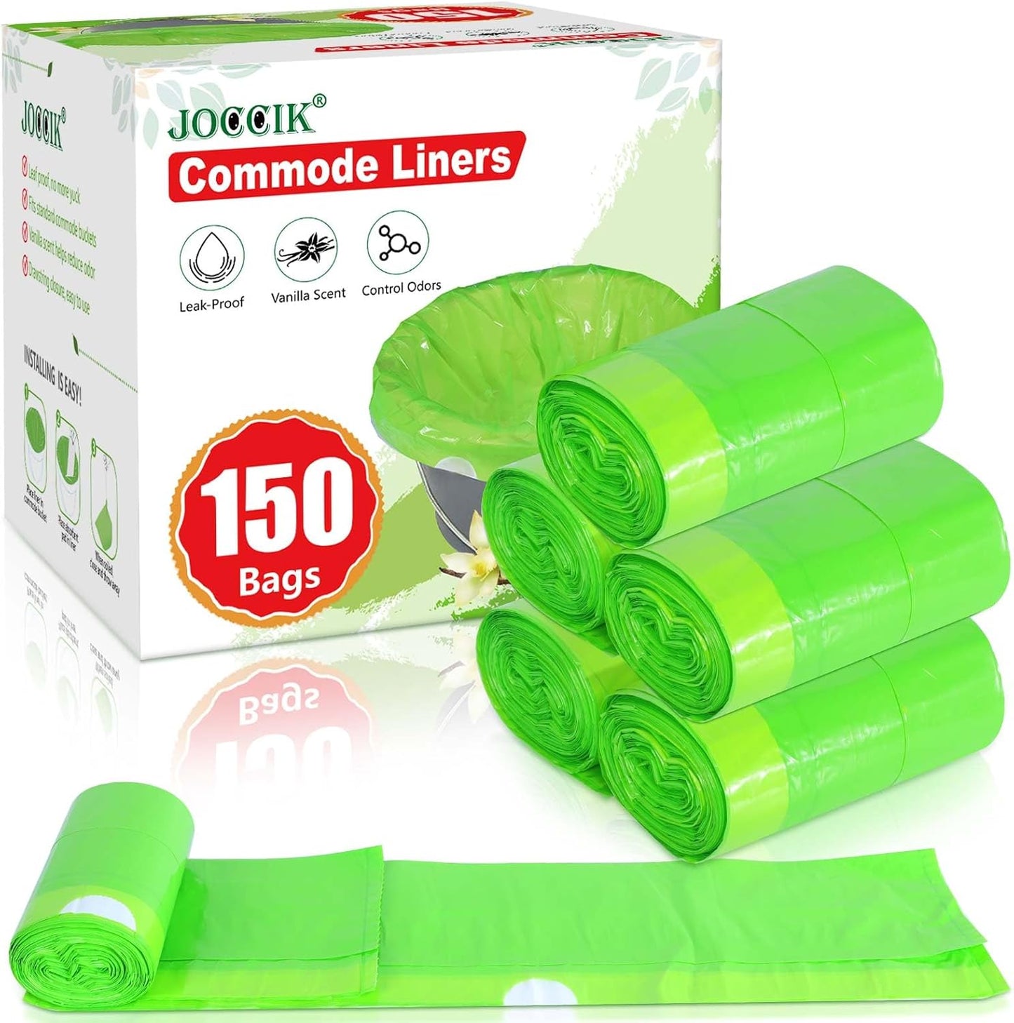 Commode Liners for Bedside Commode Vanilla Scented 150pcs Disposable Bags Universal Fit Most Standard Toilet Chair Bucke