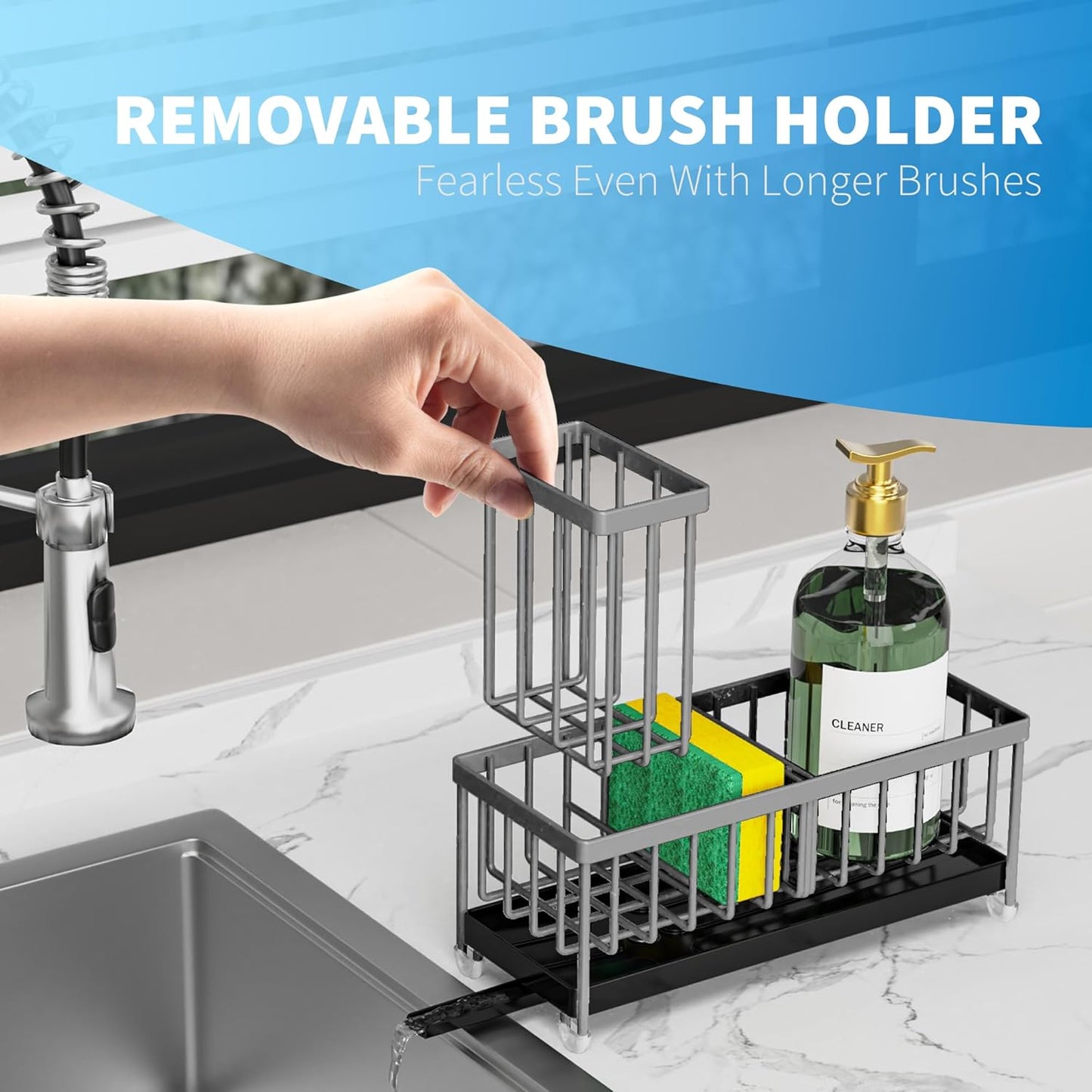 Cisily Light Gray Sponge Holder for Kitchen Sink, Sink Caddy Organizer with High Brush Holder, Kitchen Countertop Organizers and Storage Essentials, Rustproof 304 Stainless Steel, Soap Dispenser