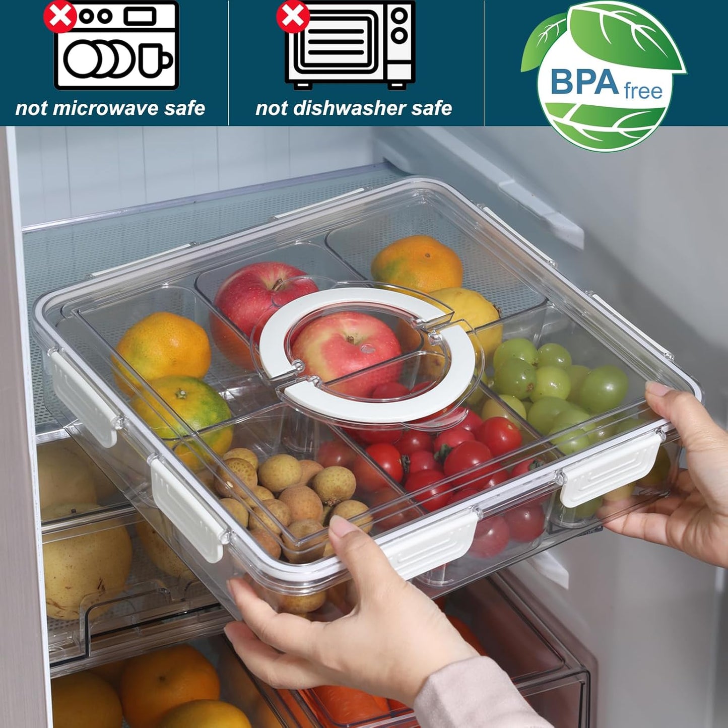 Taiuloo Divided Serving Tray with Lid & Handle, Airtight 6 Compartment Snackle Box Charcuterie Container, Fridge Organizer Bins, Food Storage Container Veggie Tray for Snack, Fruit, Candy, Nuts