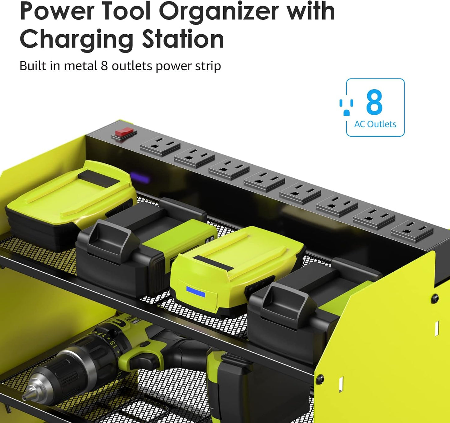 CCCEI Set Power Tool Organizer Wall Mount with Charging Station. Garage 4 Drill Storage Shelf with Hooks, Heavy Duty Metal Tool Battery Charger Organizer. Shop Utility Rack with Power Strip Green.
