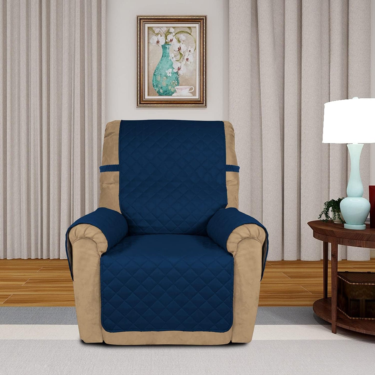 PureFit Reversible Quilted Oversized Recliner Sofa Cover, Water Resistant Furniture Protector, Washable Couch Cover with Elastic Straps for Kids, Pets (Small, Navy/Navy)