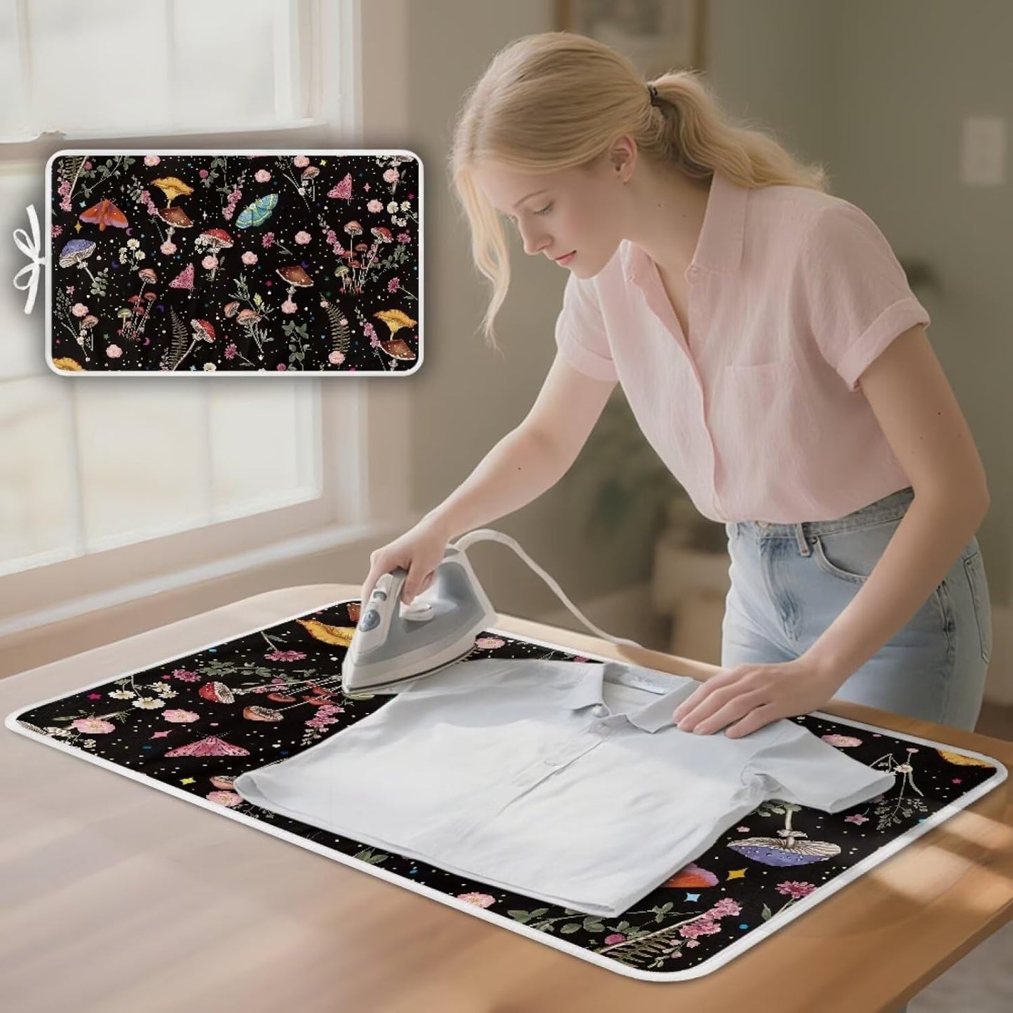Mushroom Ironing Mat Portable Ironing Pad Blanket for Table Top Heat Resistance Travel Small 32 x 16 Inch Foldable Lightweight Iron Mats for Washer and Dryer