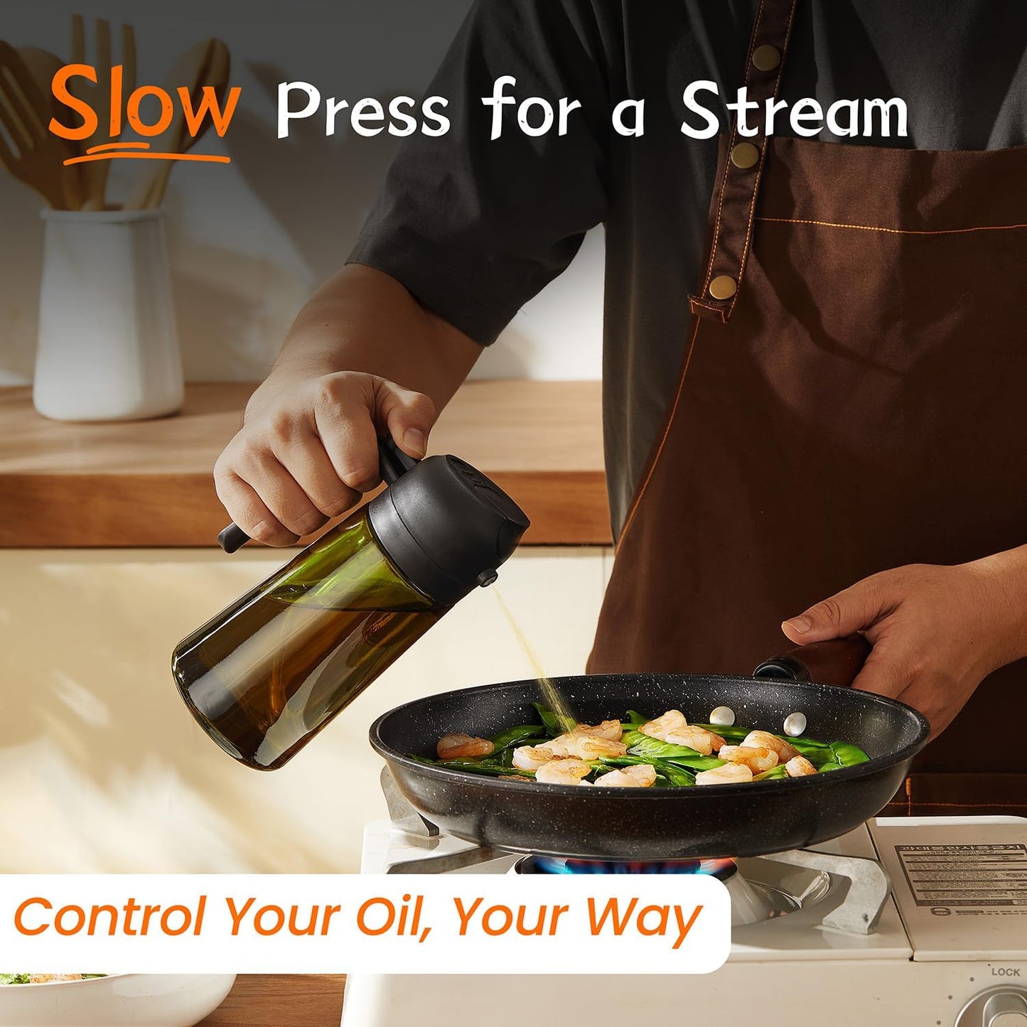TrendPlain - Original 16oz/470ml Olive Oil Dispenser Bottle for Kitchen Gadgets and Air Fryer Accessories - Olive Oil Sprayer for Cooking w/Stickers - Black