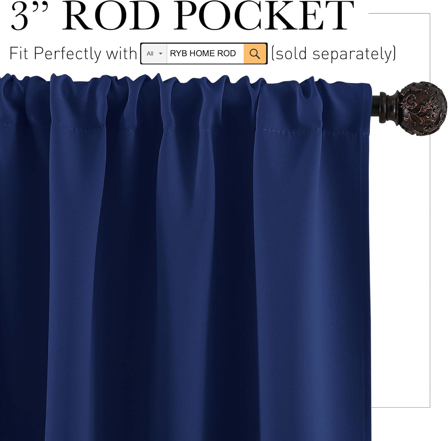 RYB HOME Blackout Curtains - Room Darkening Curtains & Drapes Energy Saving Thermal Insulated Solid Drapes Bedroom Kids Nursey Bathroom, Wide 42 x Long 45 inch, Marine Blue, 2 Panels