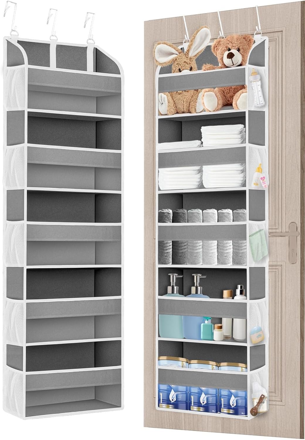 1 Pack Over The Door Storage Organizer with 5 Pockets 10 Mesh Side Pockets, 44 lbs Weight Capacity Door Hanging Organizers and Storage for Bedroom,Bathroom,Nursery,Pantry,Dorm(Light Gray)