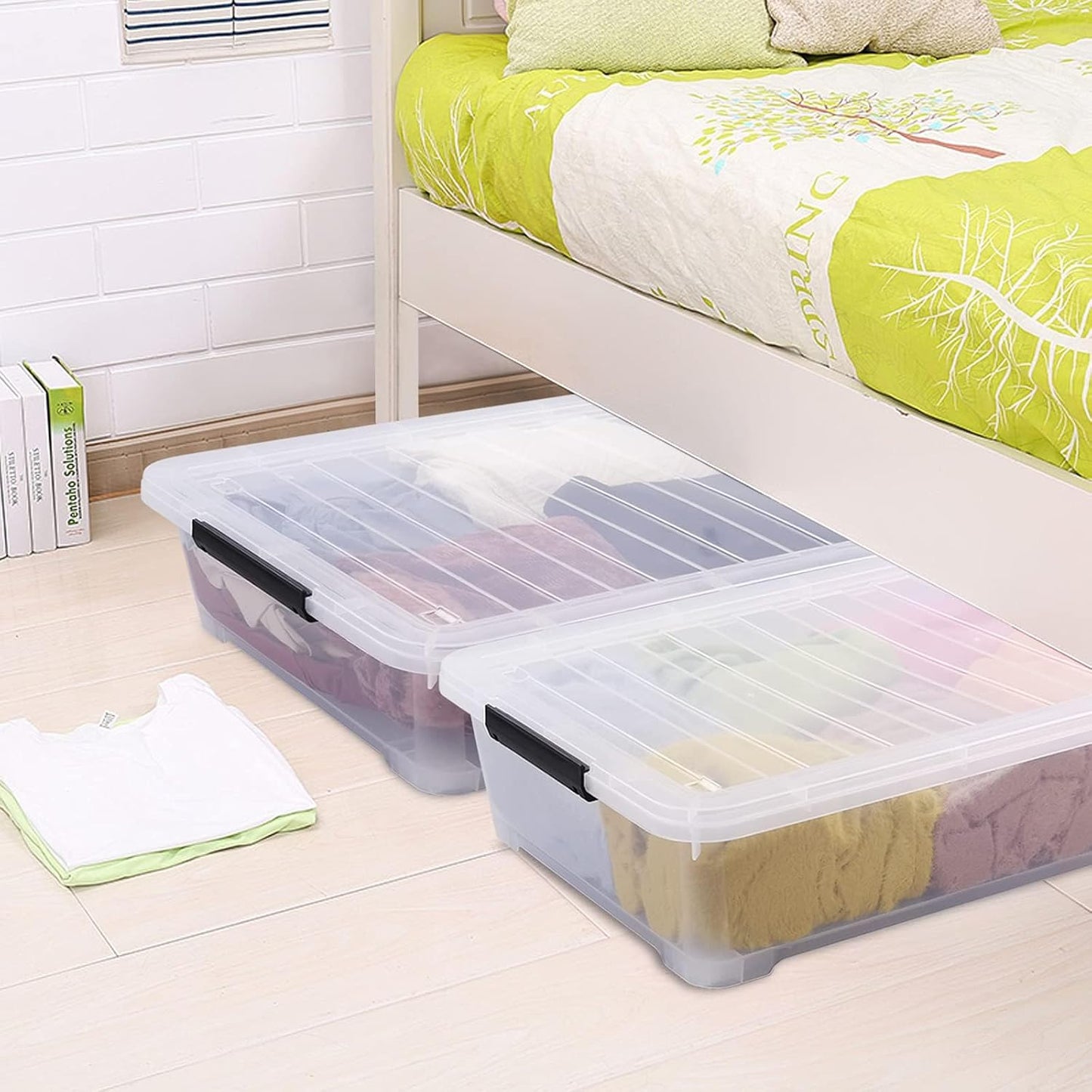 40 Quart Clear Plastic Underbed Storage Container, Wheeled Latching Storage Box for Shoes, Bags, Clothes, Set of 3
