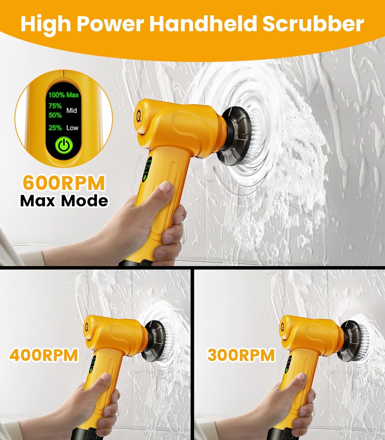 qimedo Battery Electric Spin Scrubber Q4, 800RPM Handheld Scrubber for Cleaning with Display, Power Dish Scrubber with 5 Heads, Shower Cordless Cleaning Brush for Bathroom/Sink/Window