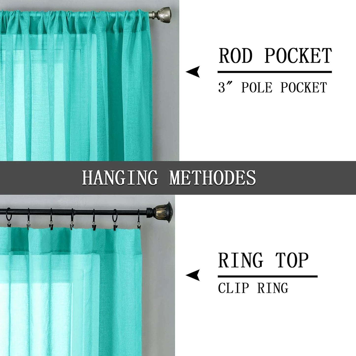 Tollpiz Short Sheer Curtain Linen Textured Bedroom Curtains Sheer Light Filtering Rod Pocket Voile Curtain for Living Room, 54 x 54 inches Long, Aqua Blue, Set of 2 Panels