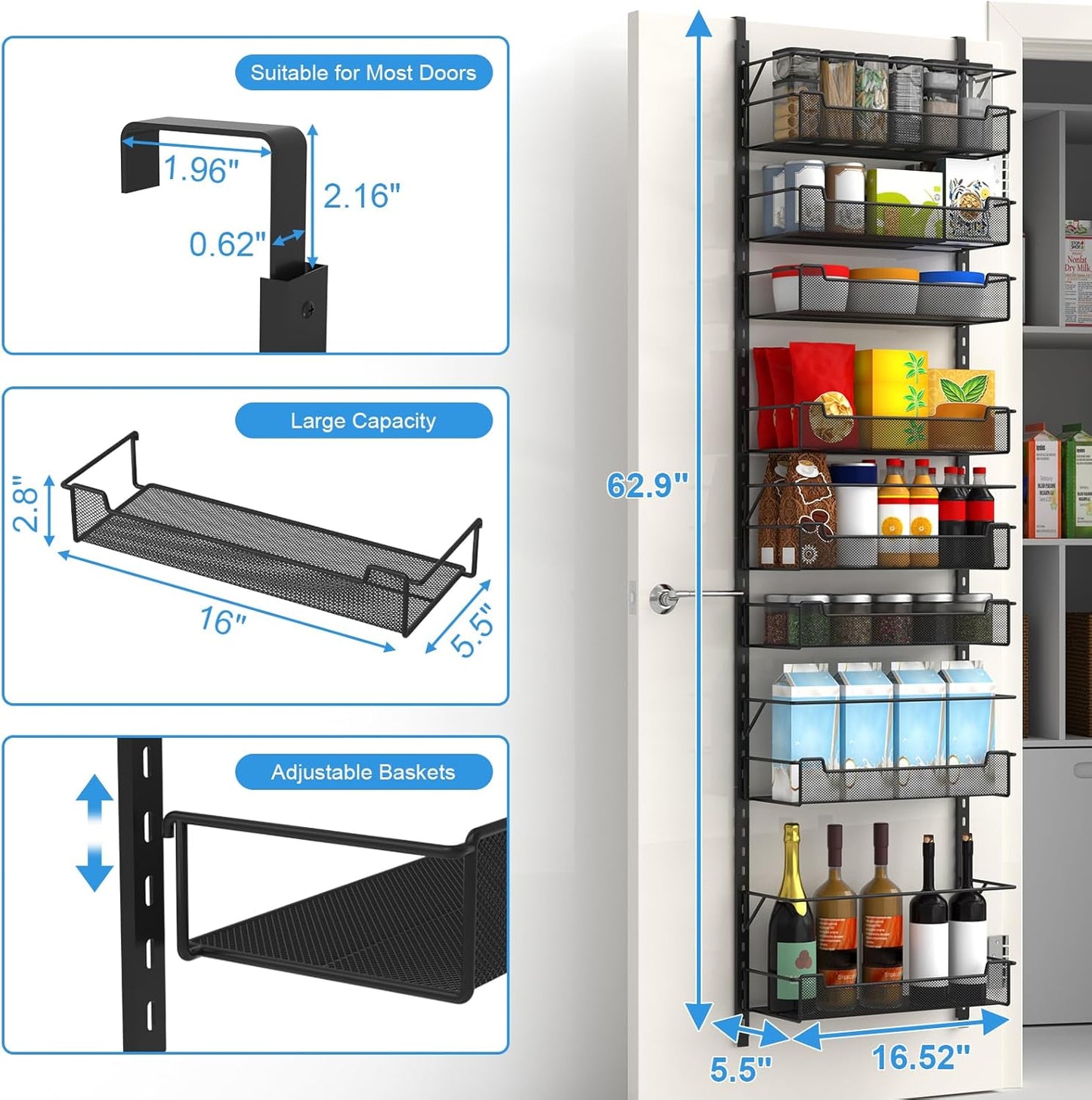 Over the Door Pantry Organizer, 8-Tier Over the Door Organizer with Adjustable Basket, Pantry Door Organization for Pantry Kitchen Storage Room Spice Rack, Black