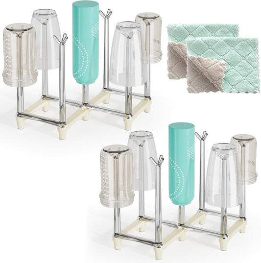 Marbrasse Retractable Cup Drying Rack, Drinking Glass and Sports Bottle Drainer Stand, Plastic Bag Dryer with Non-Slip Bottom for Kitchen Countertop, 2p - White