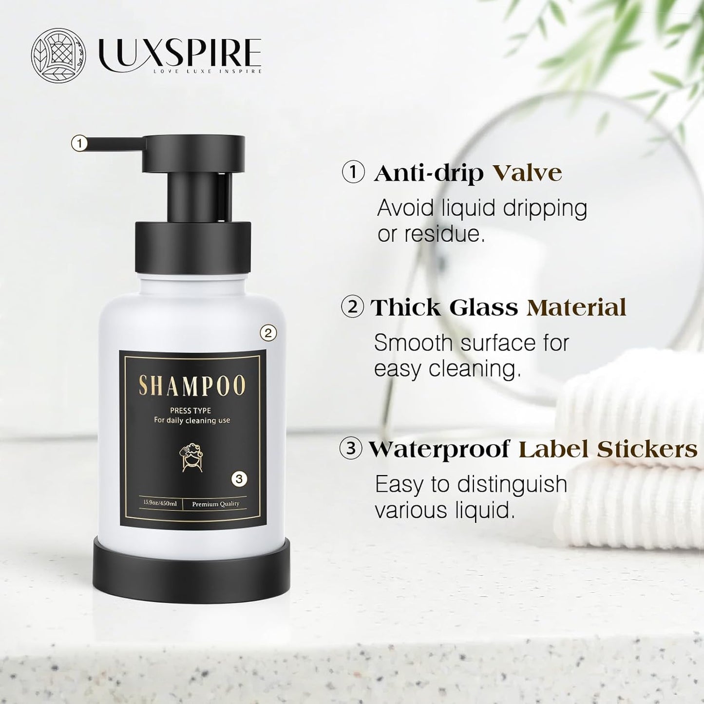 Luxspire Foaming Soap Dispenser, Glass Foam Pump Soap Dispenser, Non-Slip Hand Soap Container with 5 Waterproof Labels, 15 Oz Refillable Liquid Soap Holder for Bathroom & Kitchen, White, 1 Pack