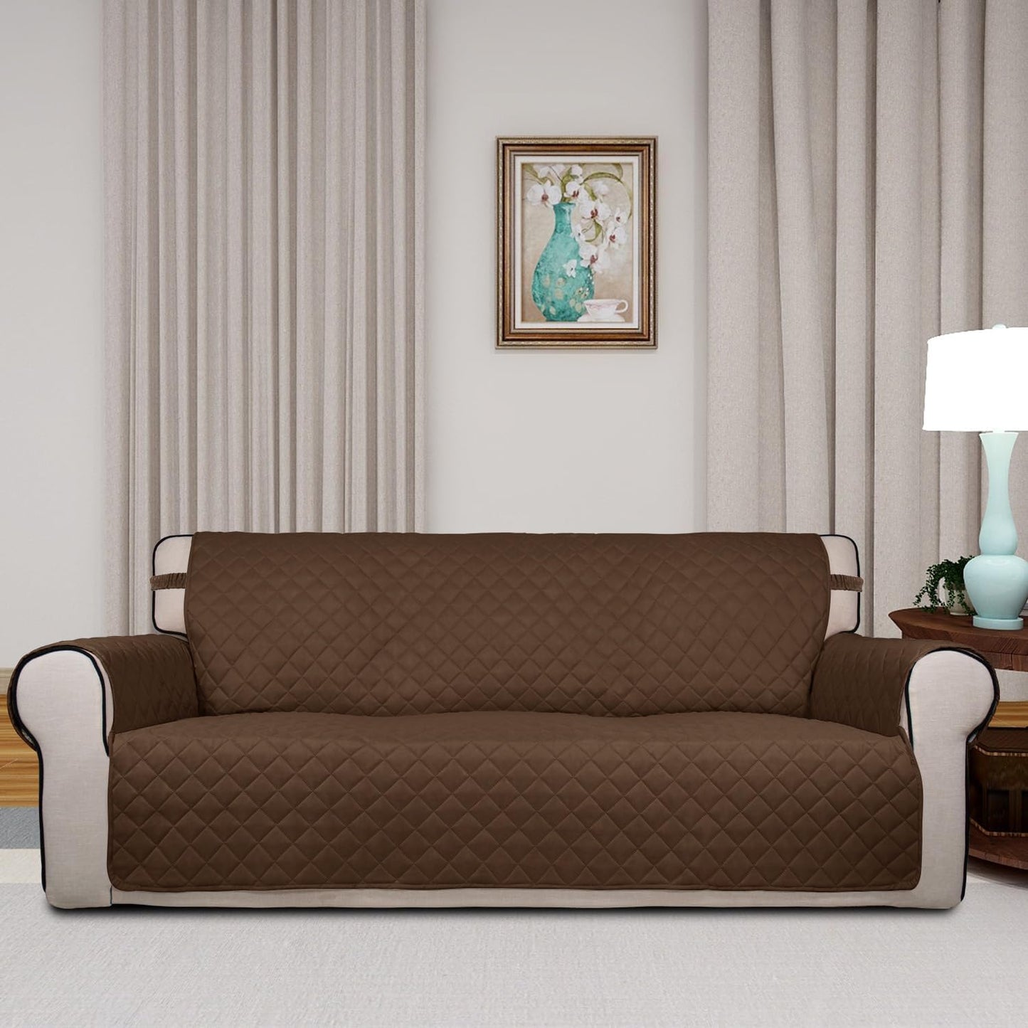 PureFit Reversible Quilted Sofa Cover, Water Resistant Slipcover Furniture Protector, Washable Couch Cover with Non Slip and Elastic Straps for Kids, Dogs, Pets (Sofa, Coffee/Ivory)