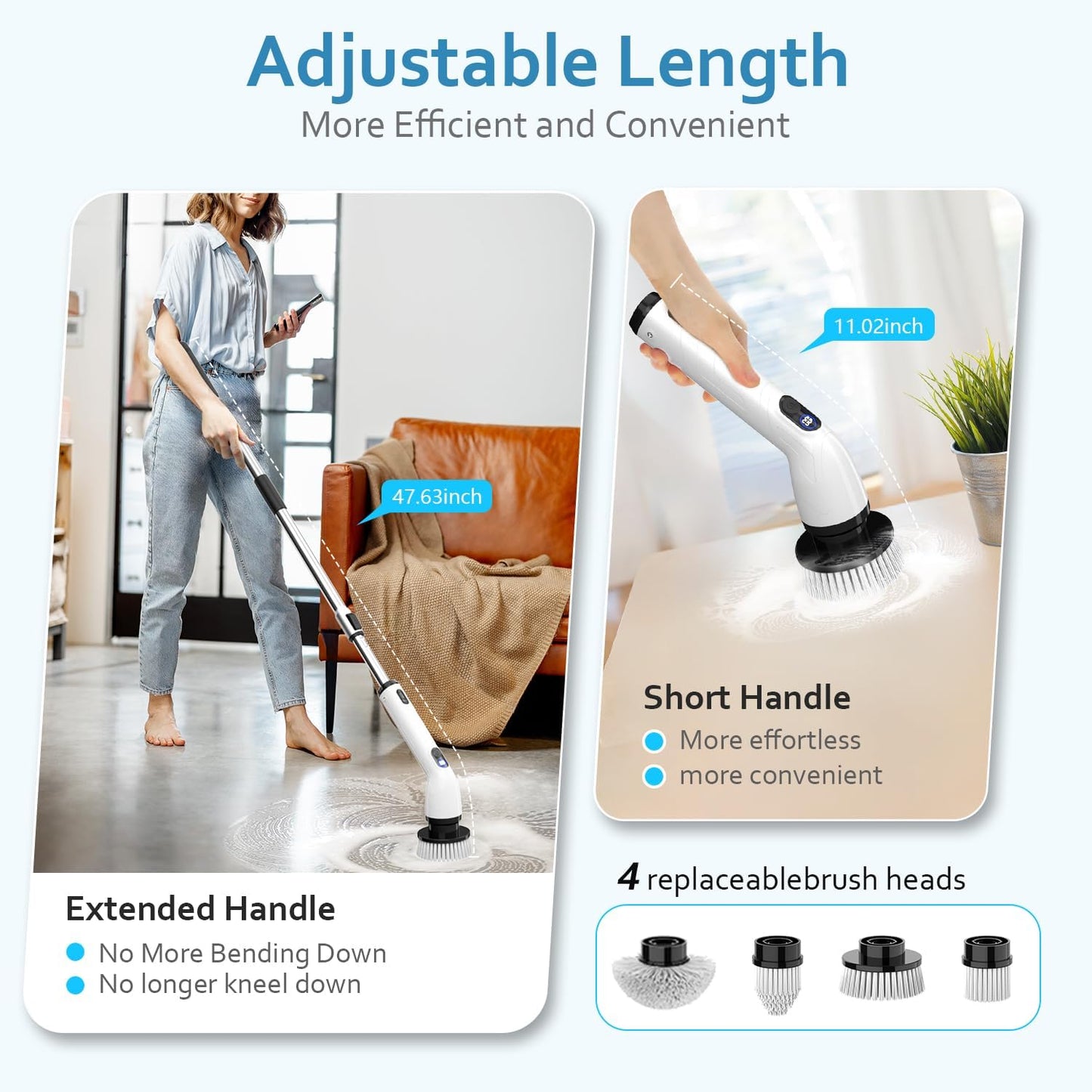 TUYU Electric Spin Scrubber, Full-Body IPX7 Waterproof Bathroom Scrubber with Power LCD Display, 8 Replacement Head, Adjustable Extension Handle, Cordless Shower Cleaner Brush for Bathtub Cleaning