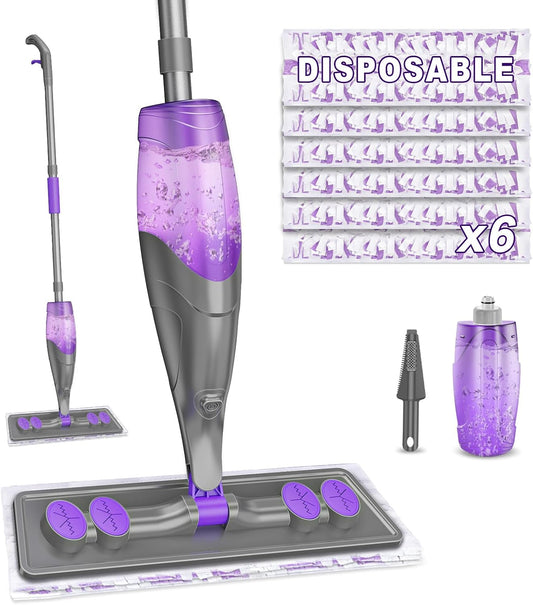 Spray Mops for Floor Cleaning - Wet Dry Mops with 6 Disposable Pads for Swiffer Powermop - Refillable Bottle for Hardwood Tile Home Kitchen - Absorbs Pet Hair Dust Stains